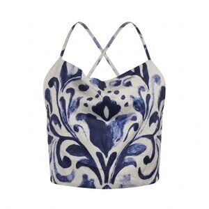 NWT Rachel Zoe Cowl Neck Smockes Back Crop Top Blouse Blue Floral Tile Print M